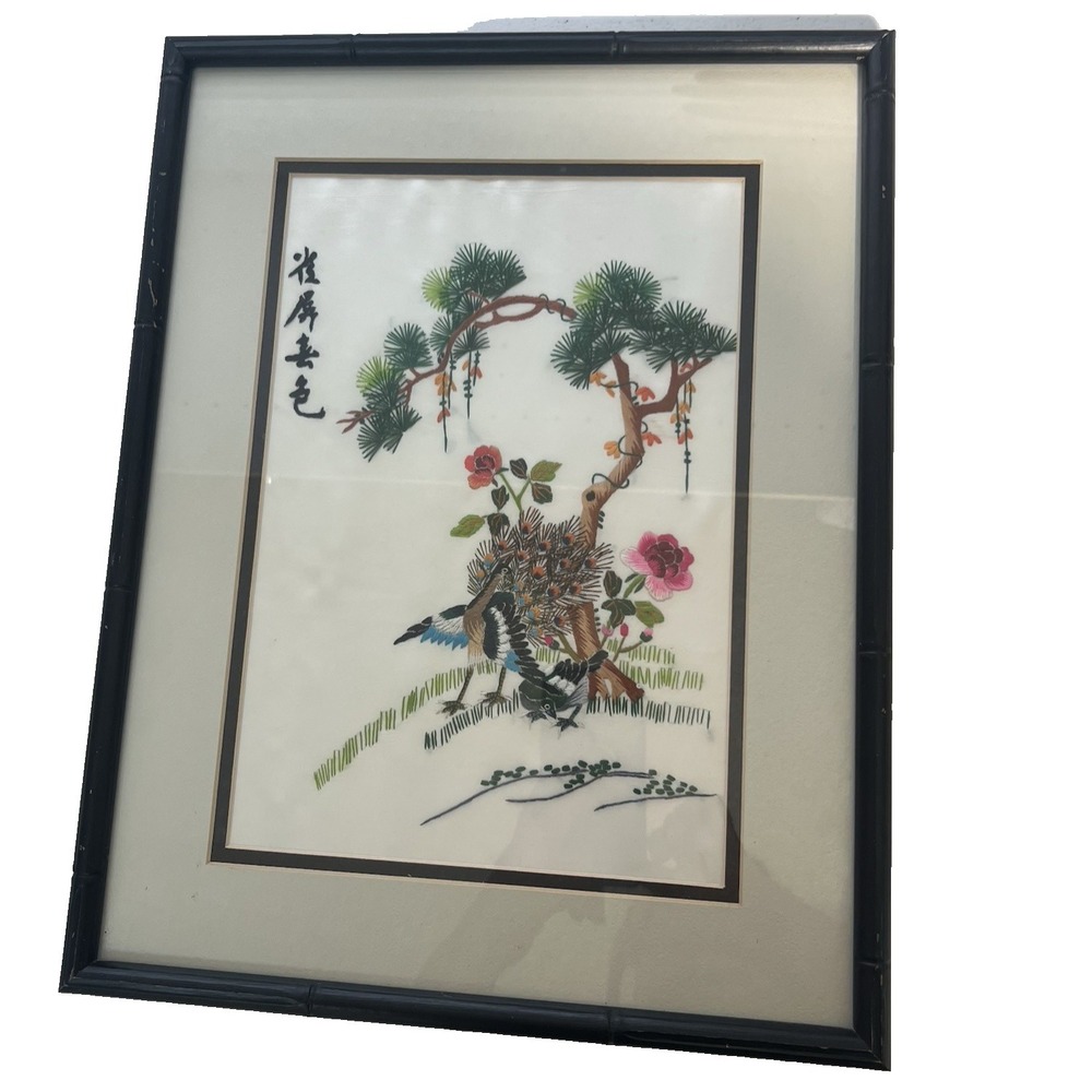 Vtg Chinese Silk Embroidery Colorful Birds‎ Needlepoint Art Scene Wall Hanging
